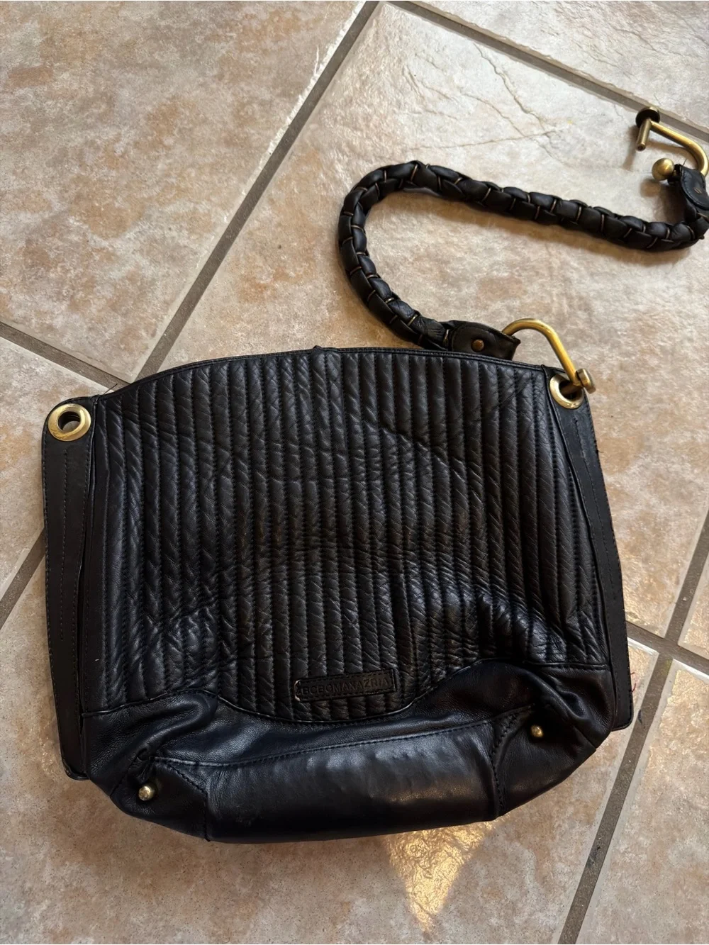 BCBGMaxAzria Black Quilted Leather Shoulder Bag with Gold Ring - Picture 2 of 4
